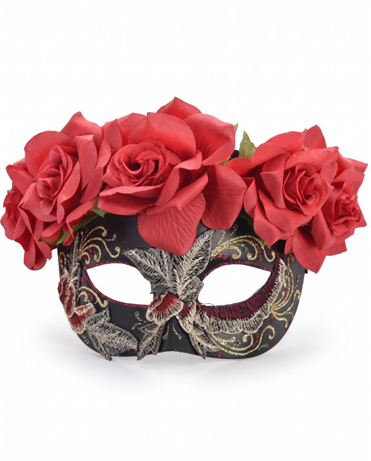 Black masquerade eye mask with roses on white background