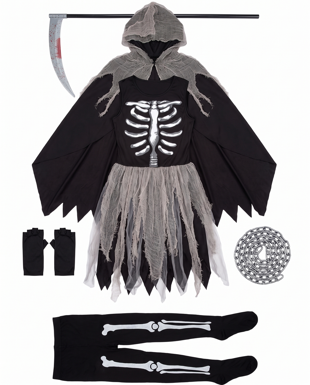 What's included flat lay of grim reaper costume pieces