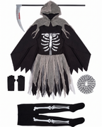 What's included flat lay of grim reaper costume pieces