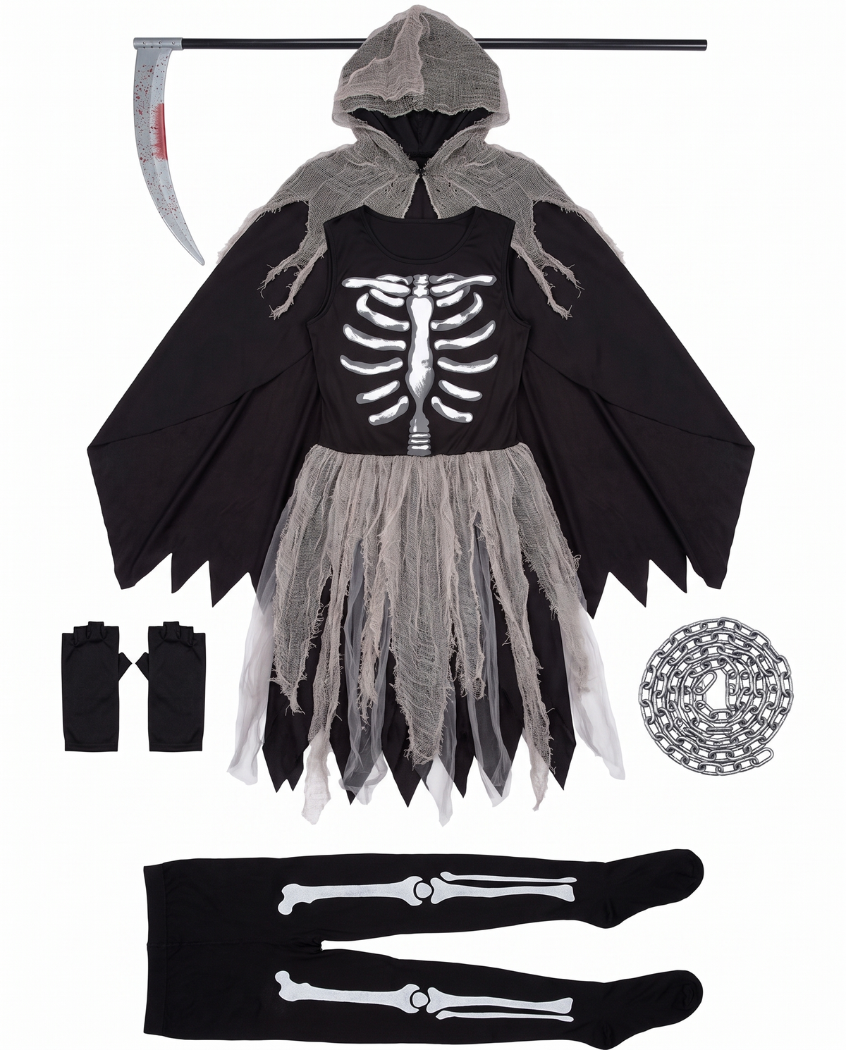 What's included flat lay of grim reaper costume pieces