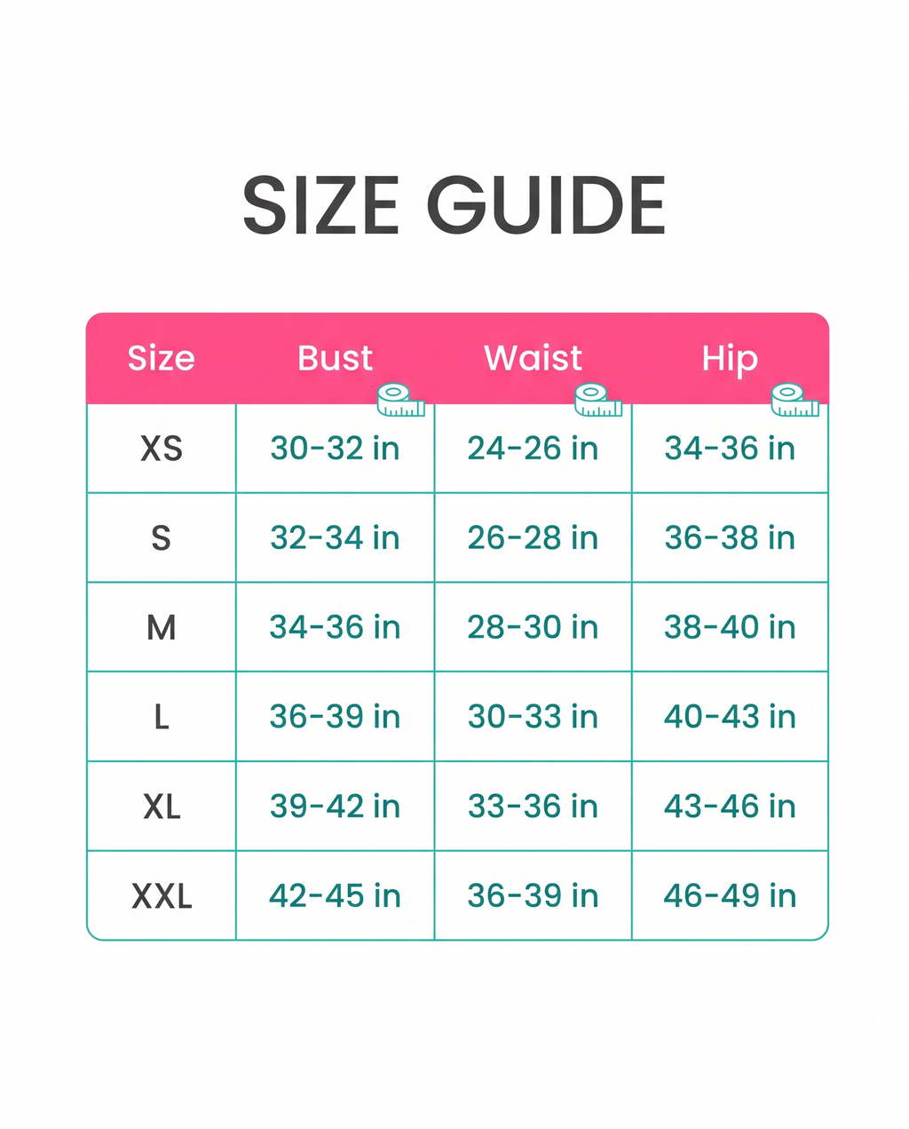 Size guide XS to XXL