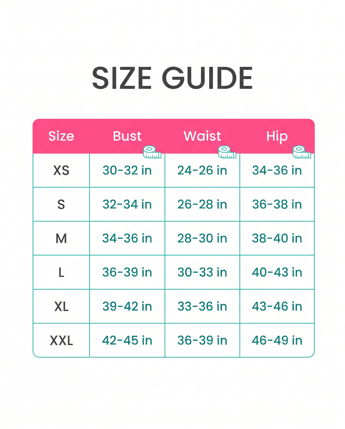 Size guide XS to XXL