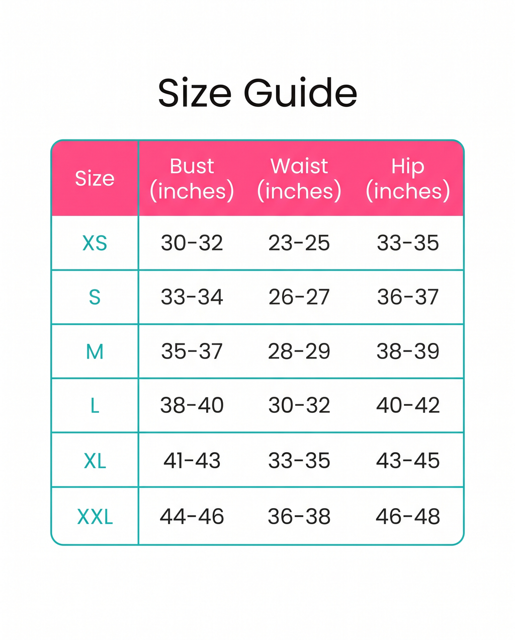 Size guide XS to XXL