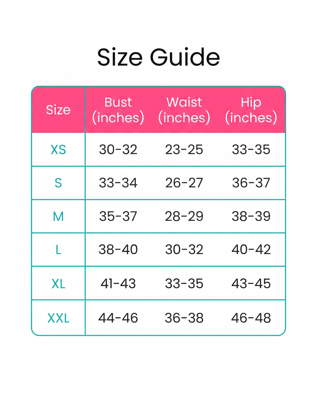 Size guide XS to XXL