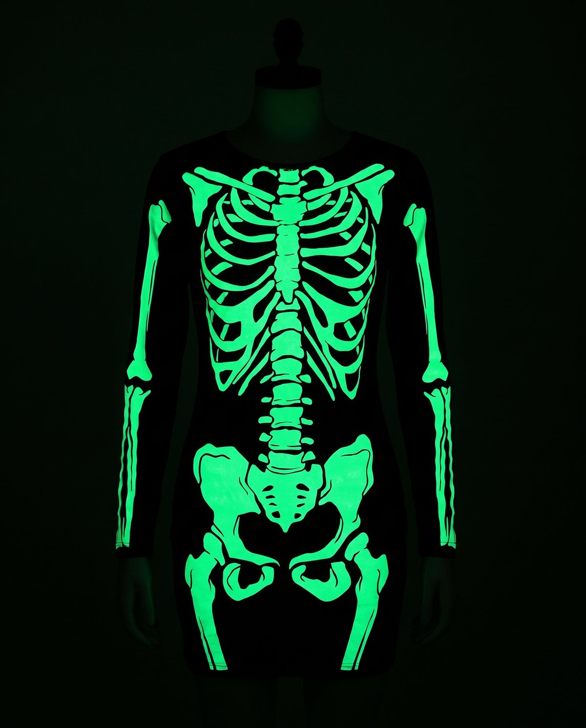 Skeleton dress glowing green in the dark
