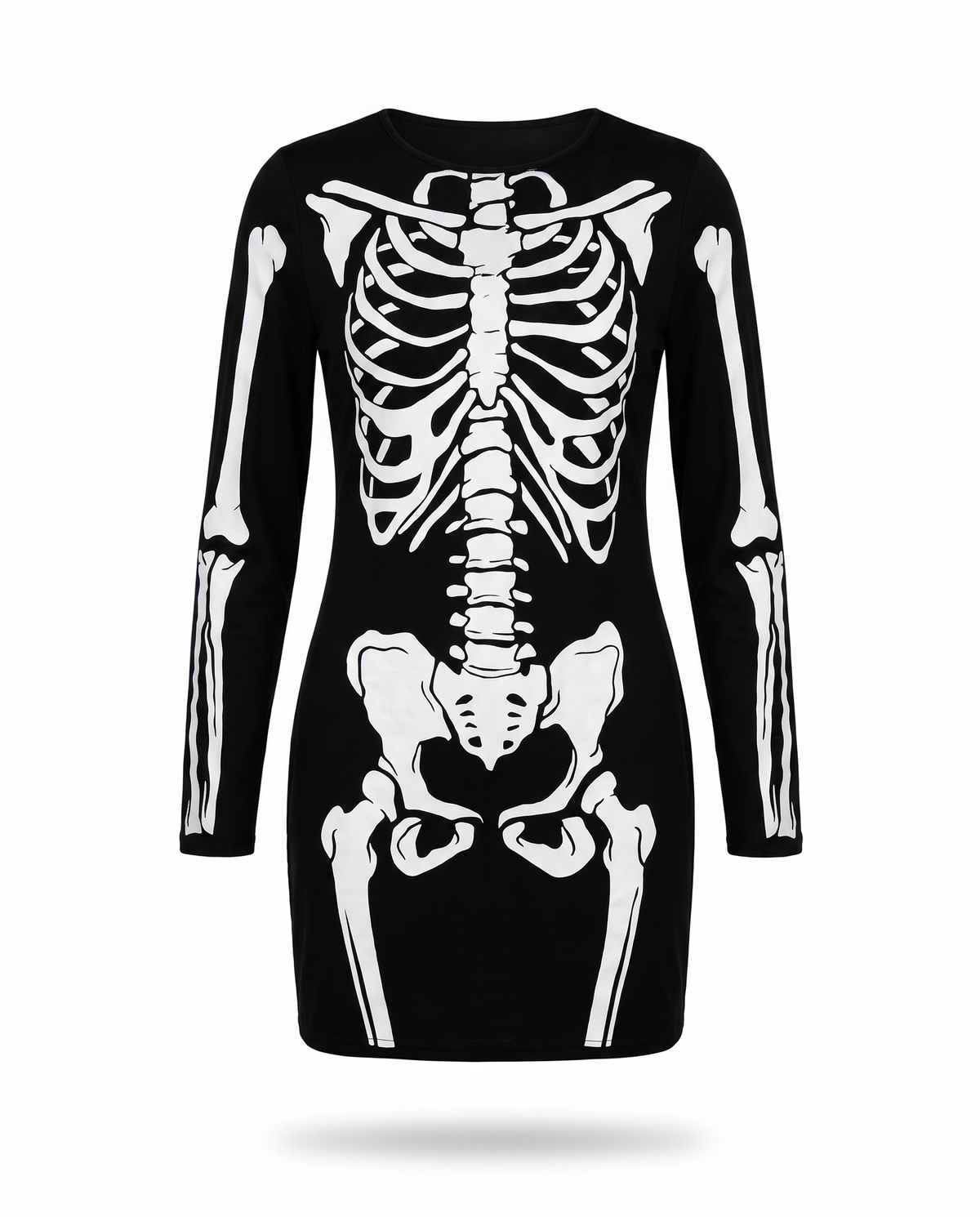 Black skeleton print dress on white background