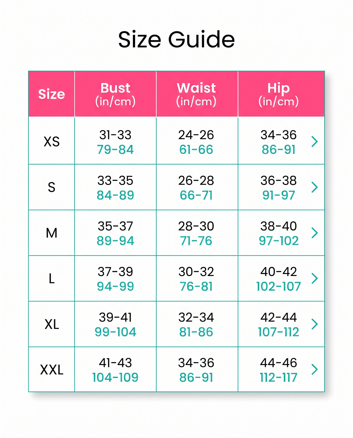 Size guide XS to XXL