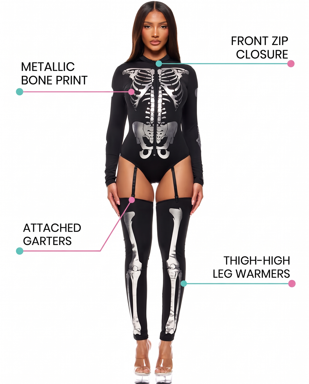 Feature callouts for skeleton bodysuit costume
