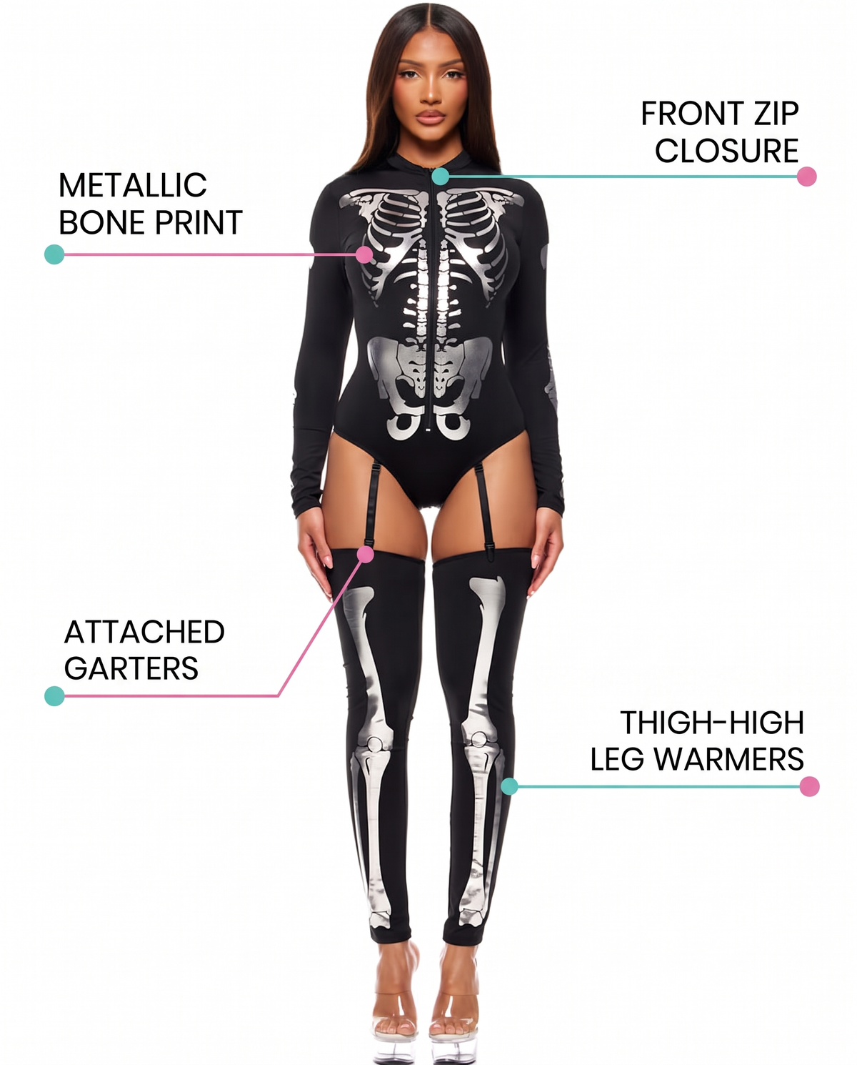 Feature callouts for skeleton bodysuit costume