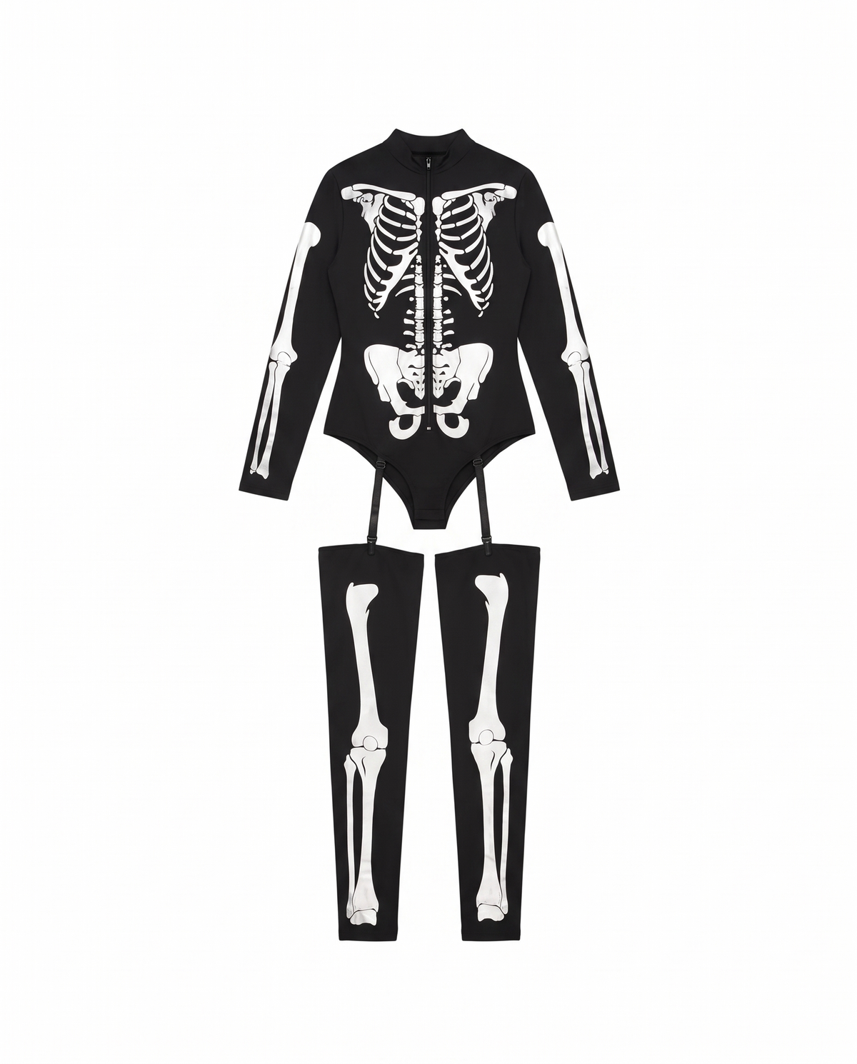 What's included flat lay of skeleton bodysuit and leg warmers