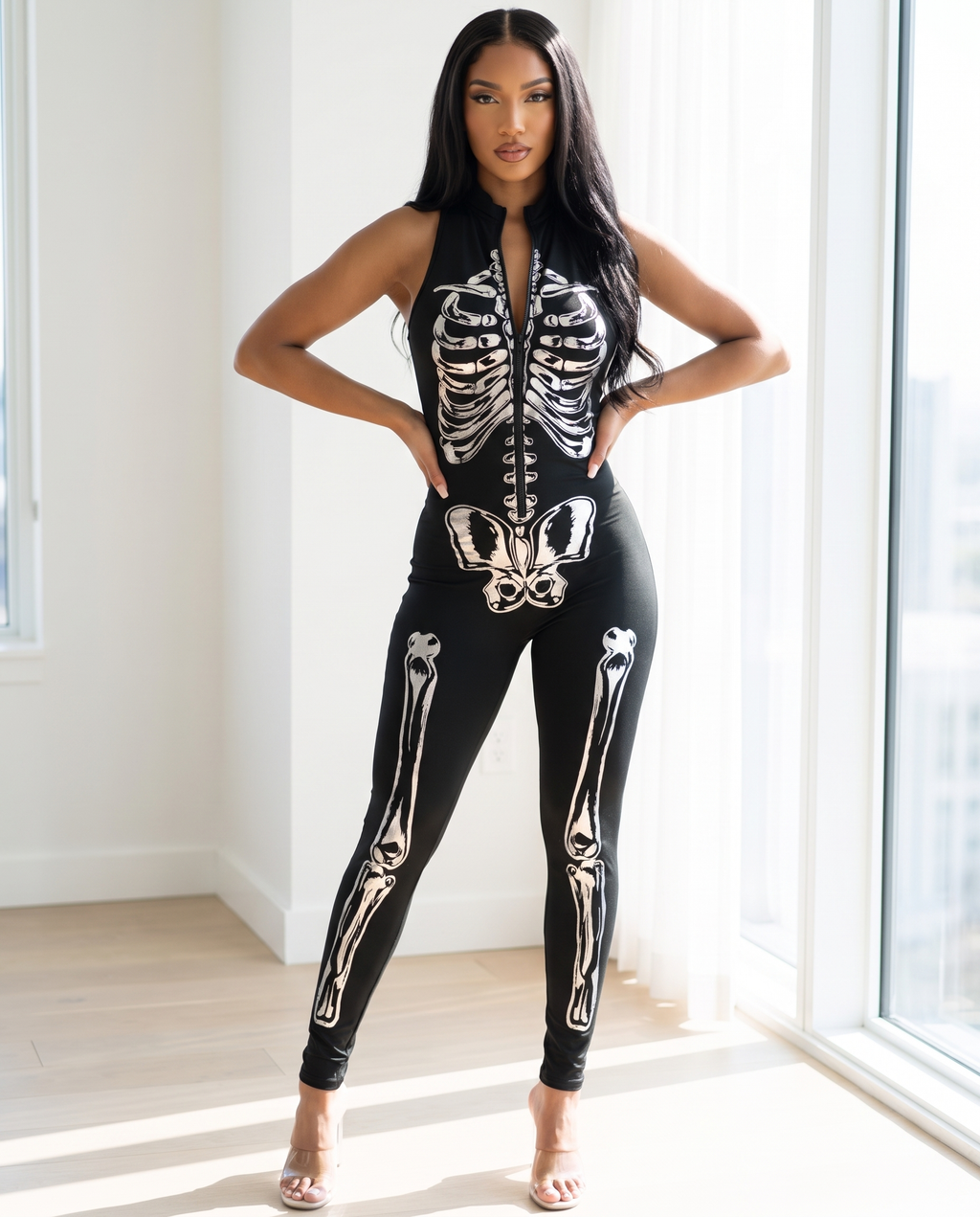 Woman wearing metallic bone skeleton jumpsuit