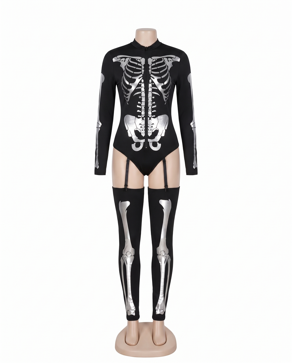 Skeleton bodysuit with leg warmers on white background