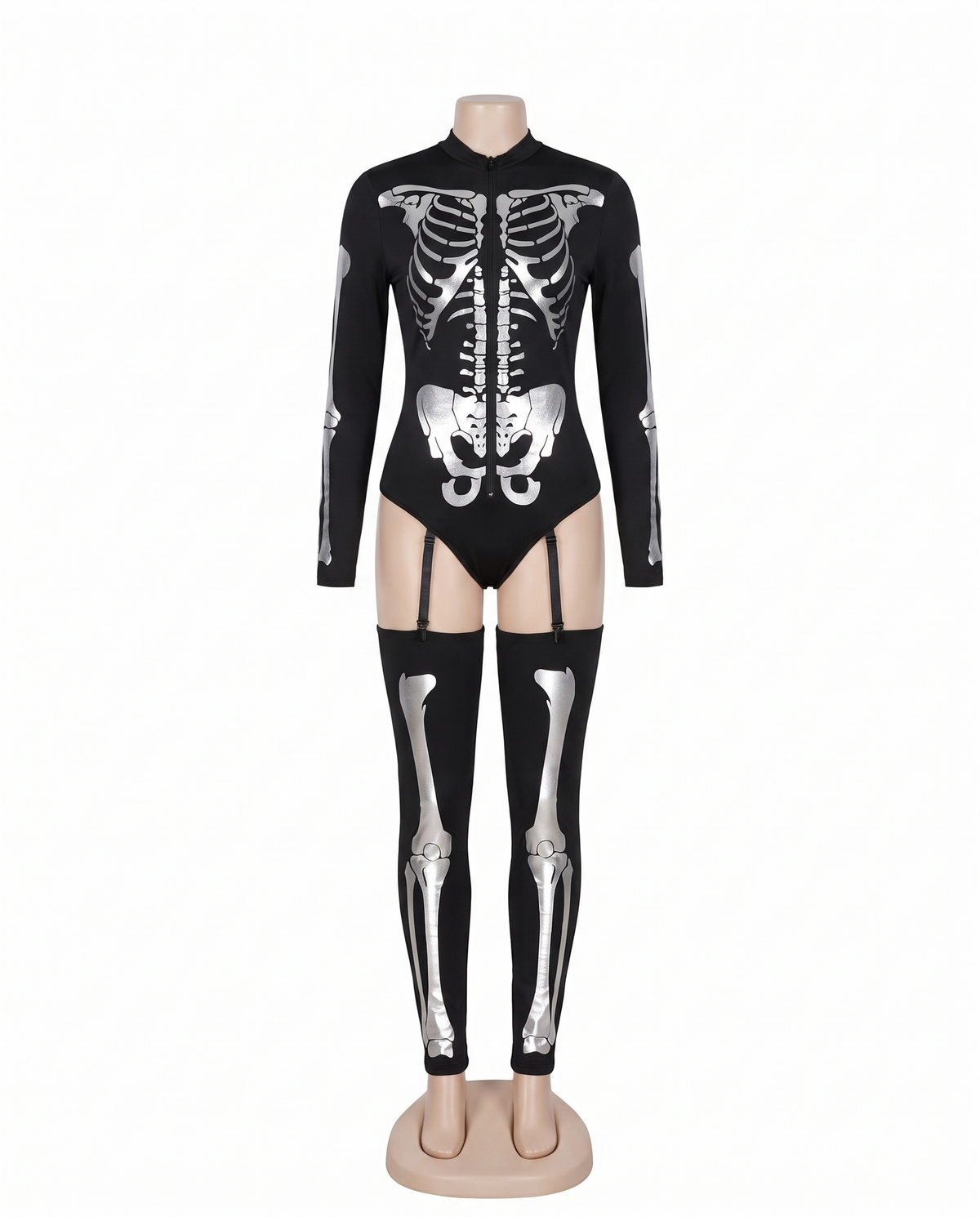 Skeleton bodysuit with leg warmers on white background