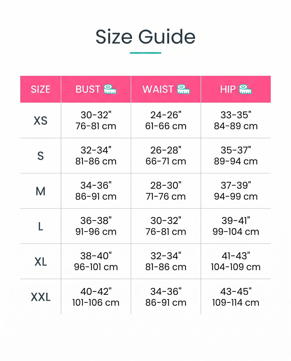 Size guide XS to XXL