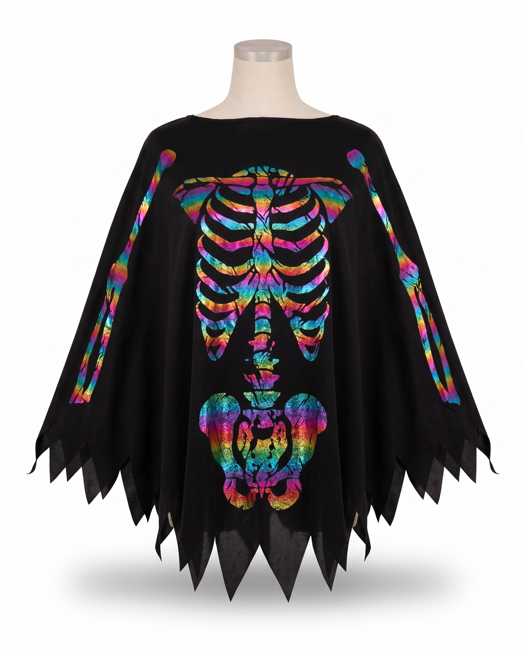 Rainbow foil skeleton poncho on white background