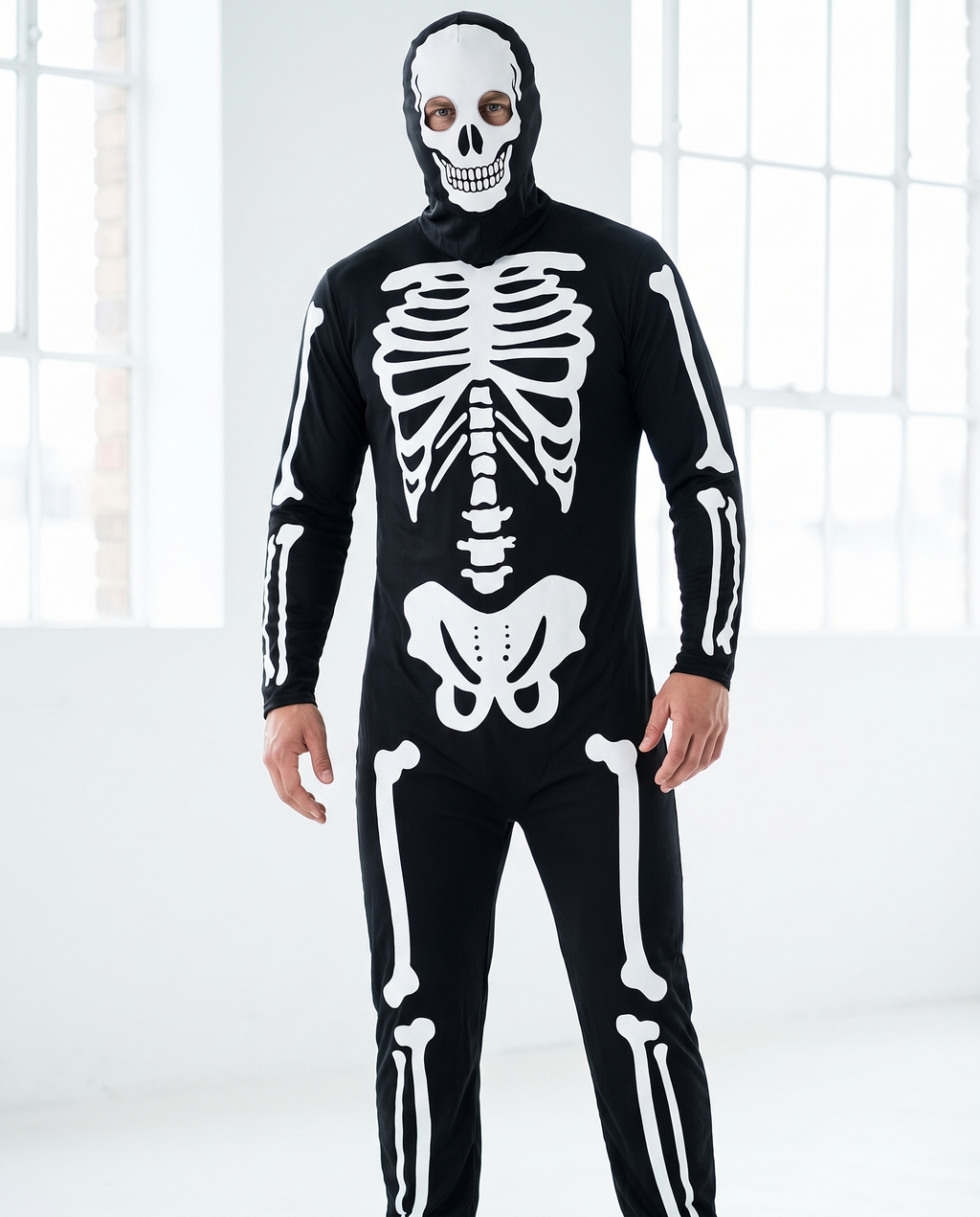 Man wearing deluxe skeleton jumpsuit with skull hood