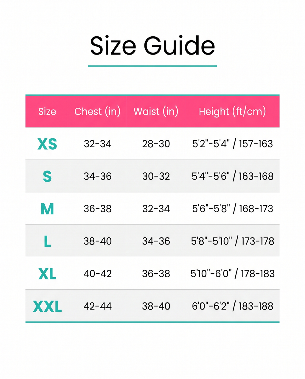 Size guide XS to XXL