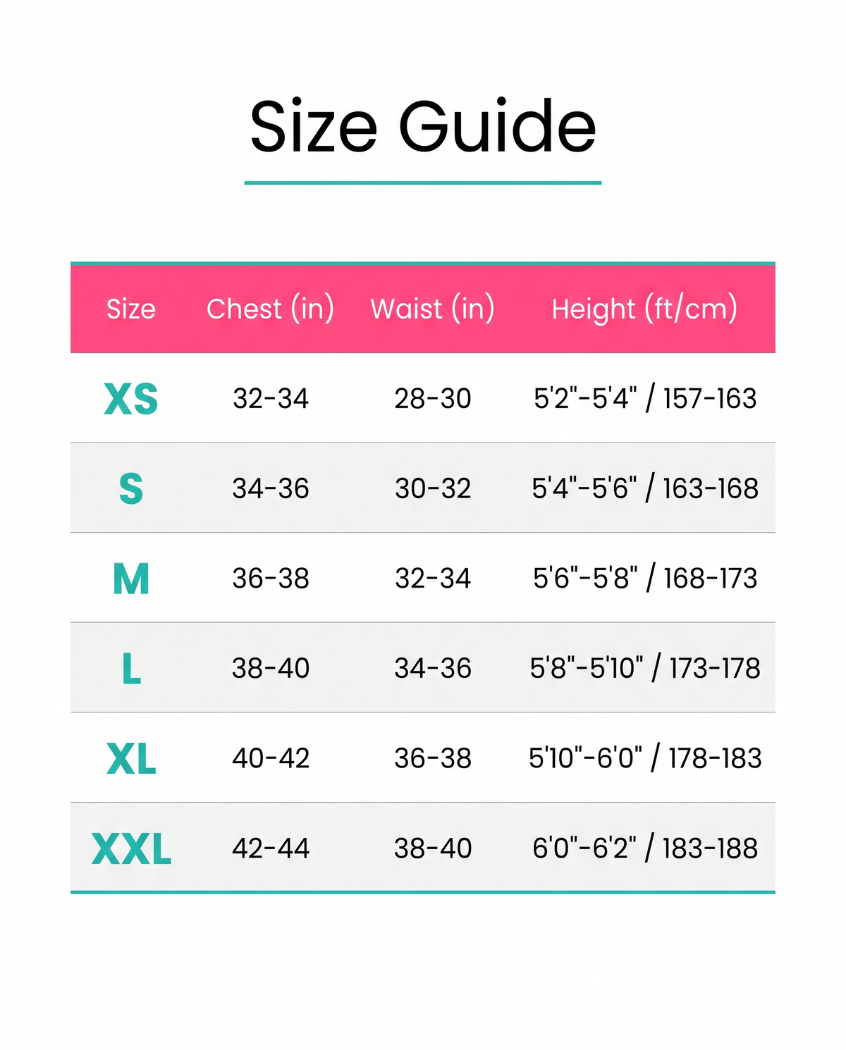 Size guide XS to XXL