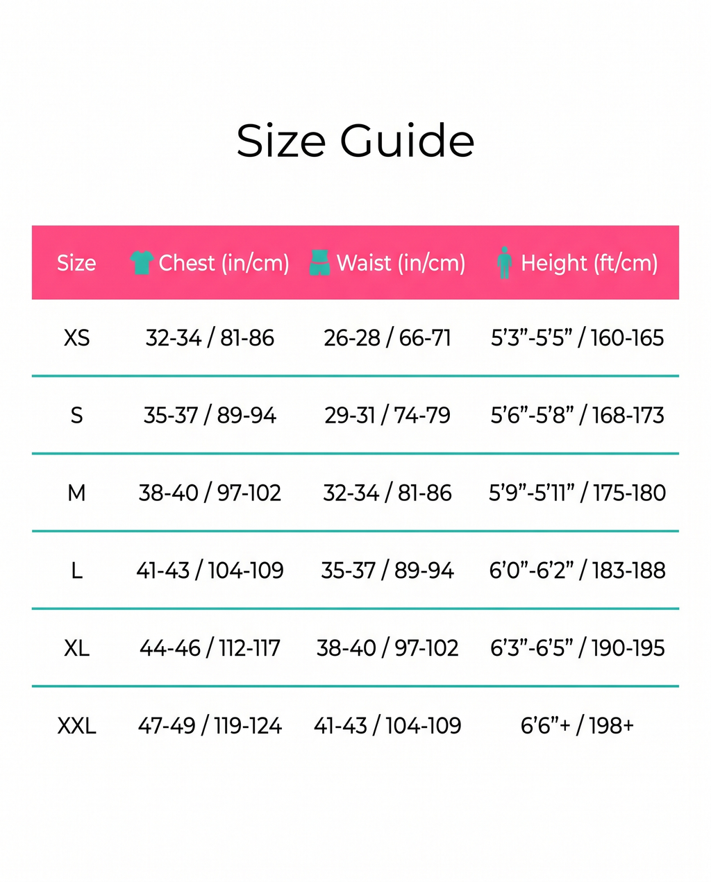 Size guide XS to XXL