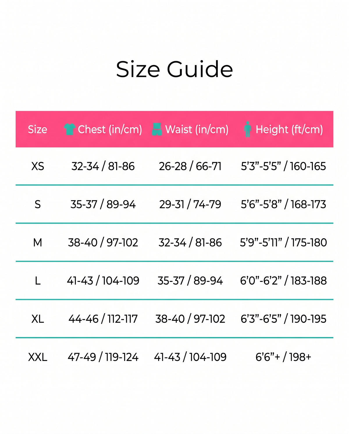 Size guide XS to XXL