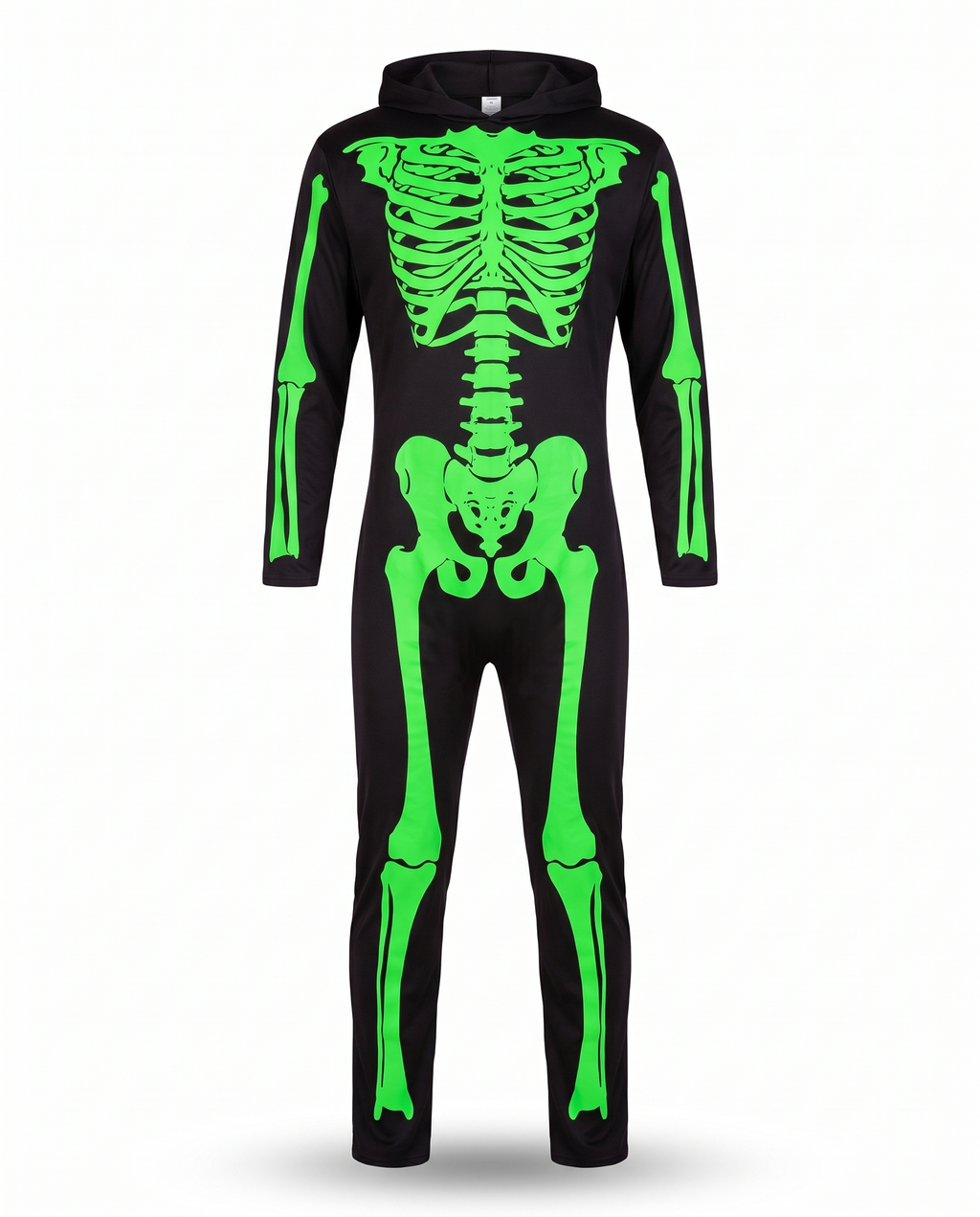 Green skeleton hooded jumpsuit on white background