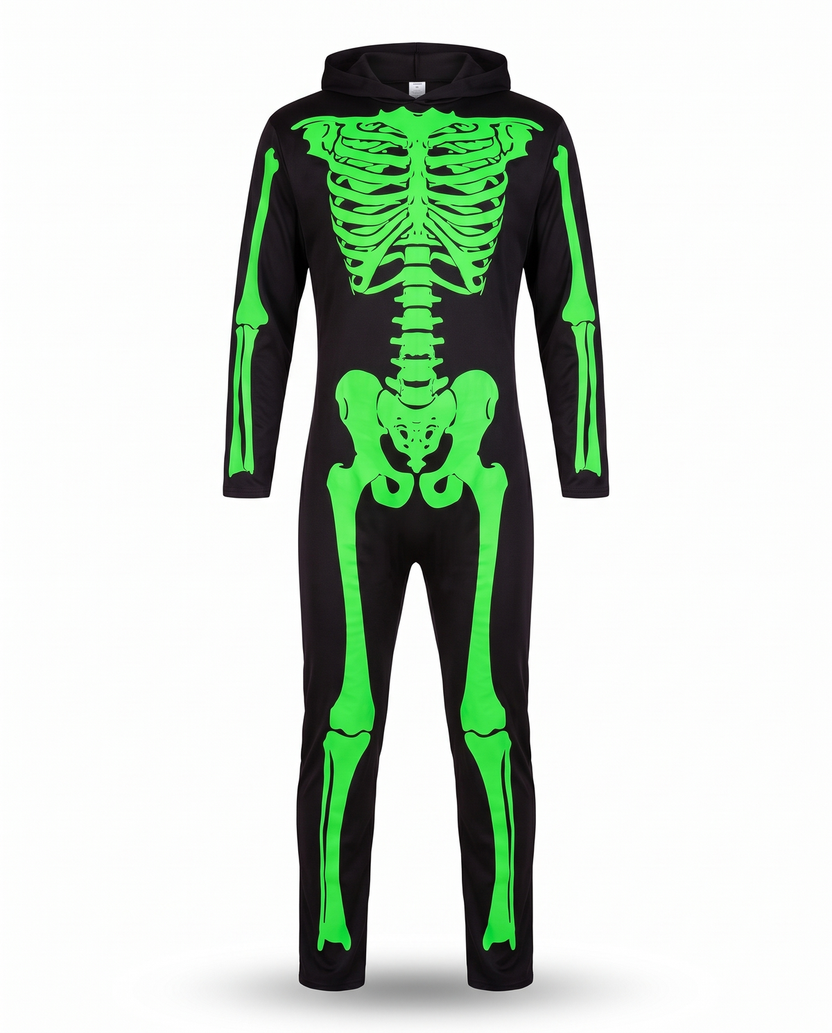Green skeleton hooded jumpsuit on white background