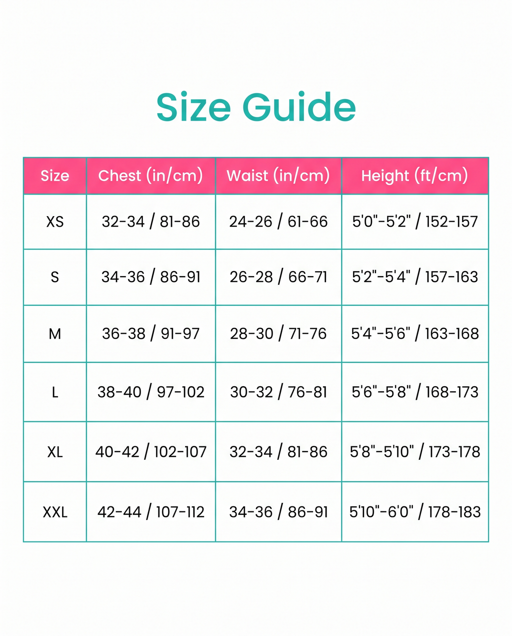 Size guide XS to XXL