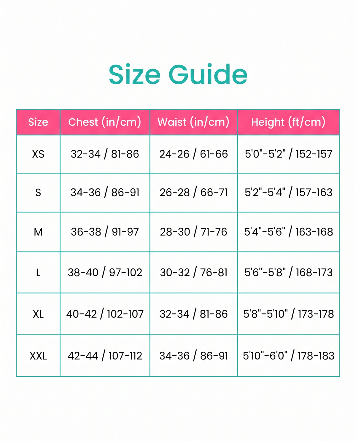 Size guide XS to XXL