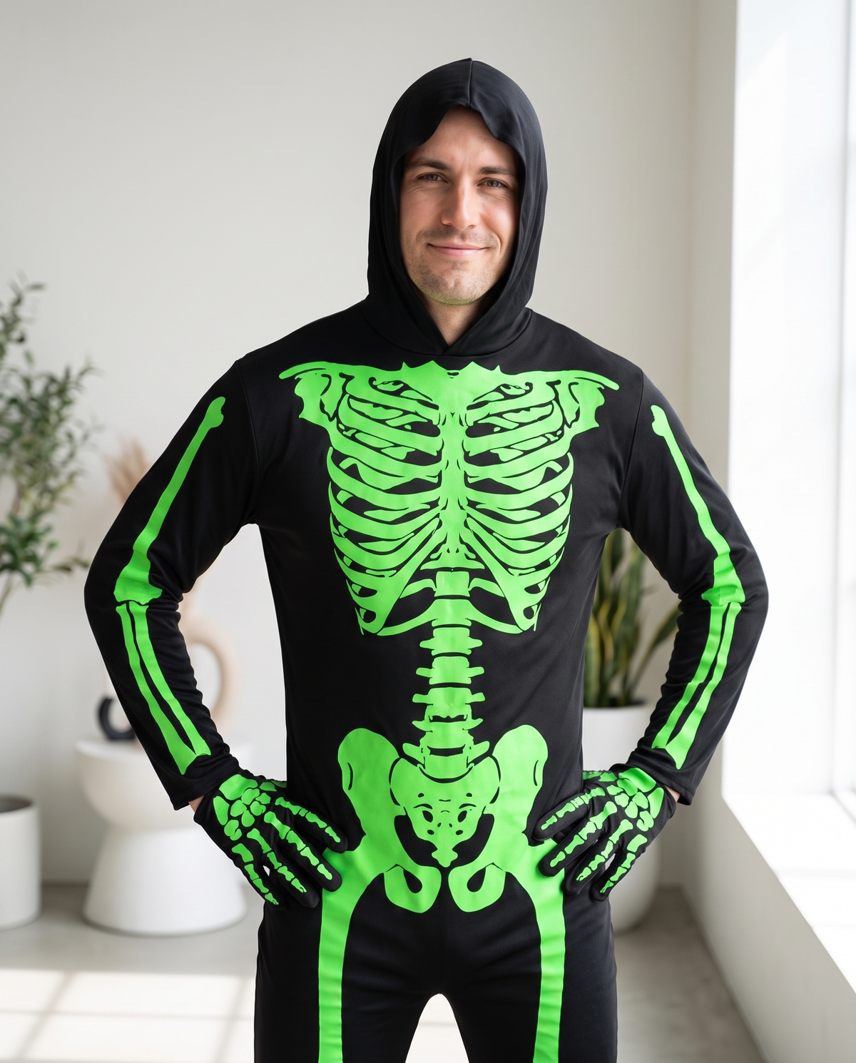 Man wearing green UV glow skeleton hooded jumpsuit