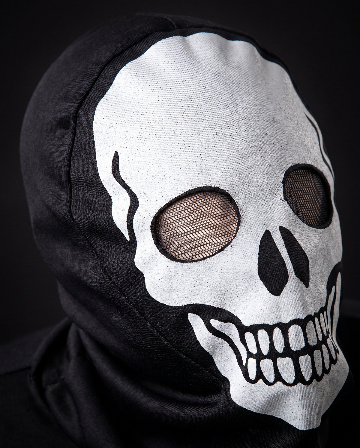Detail of removable skull-print hood with mesh eyes