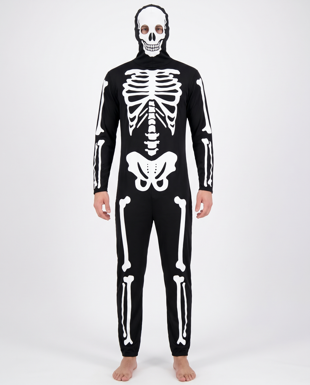 Skeleton jumpsuit with skull hood on white background