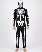 Skeleton jumpsuit with skull hood on white background