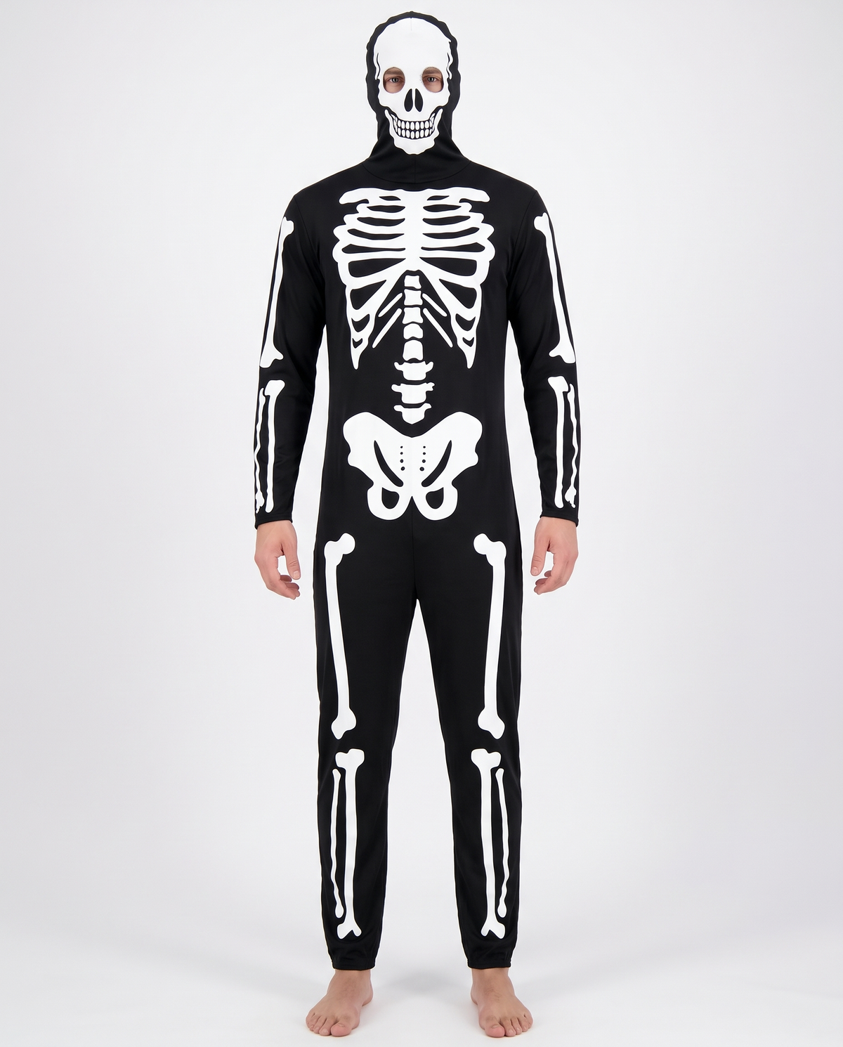 Skeleton jumpsuit with skull hood on white background