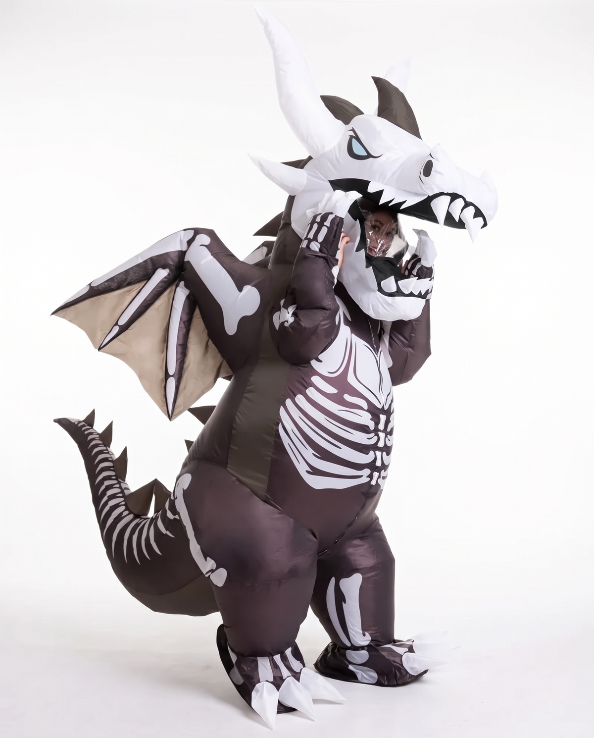Inflatable dragon skeleton costume on white background