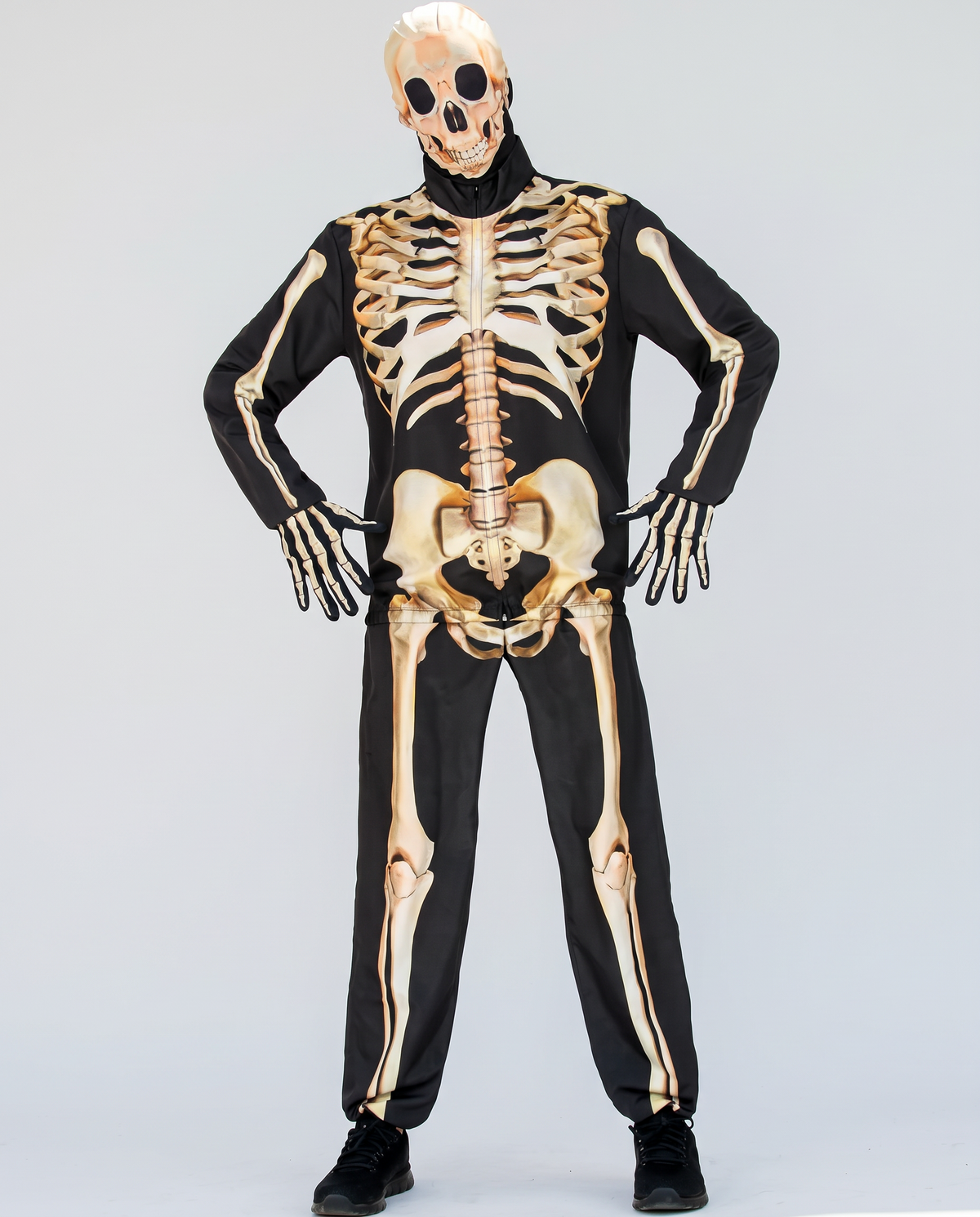 Man wearing realistic skeleton costume