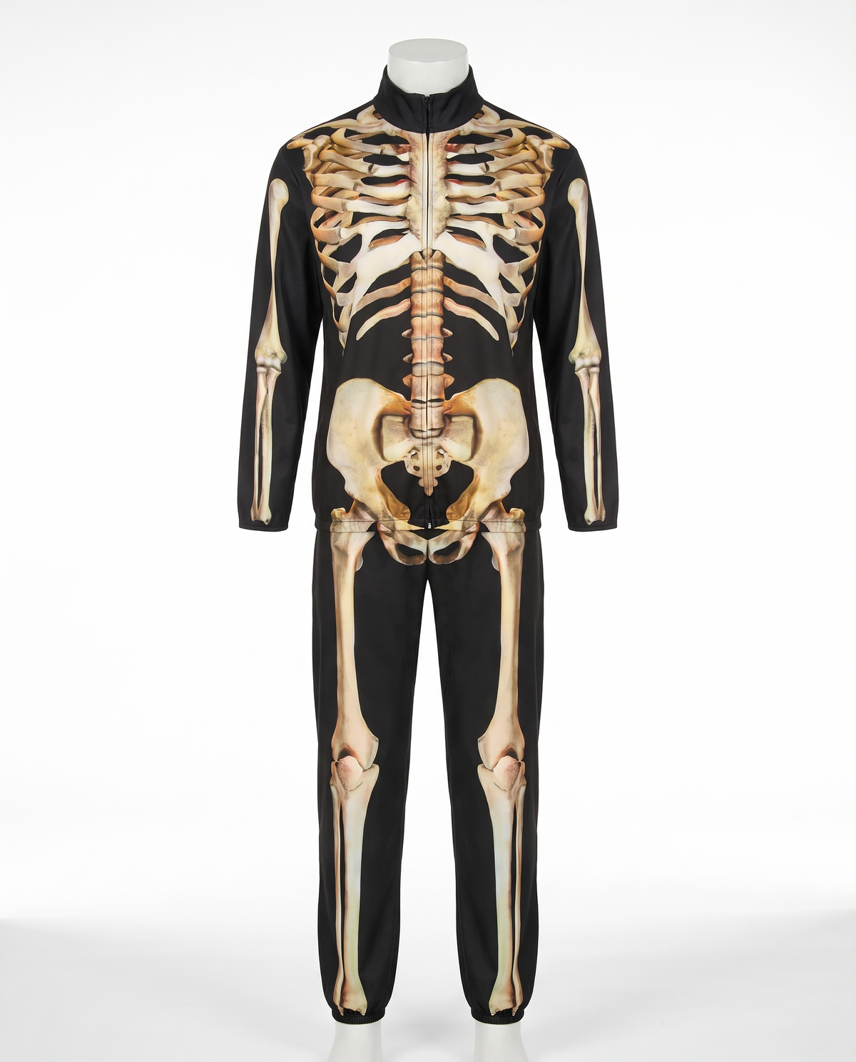 Realistic skeleton costume on white background