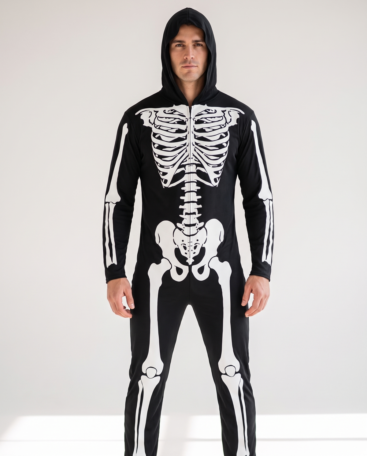 Man wearing UV glow skeleton hooded jumpsuit