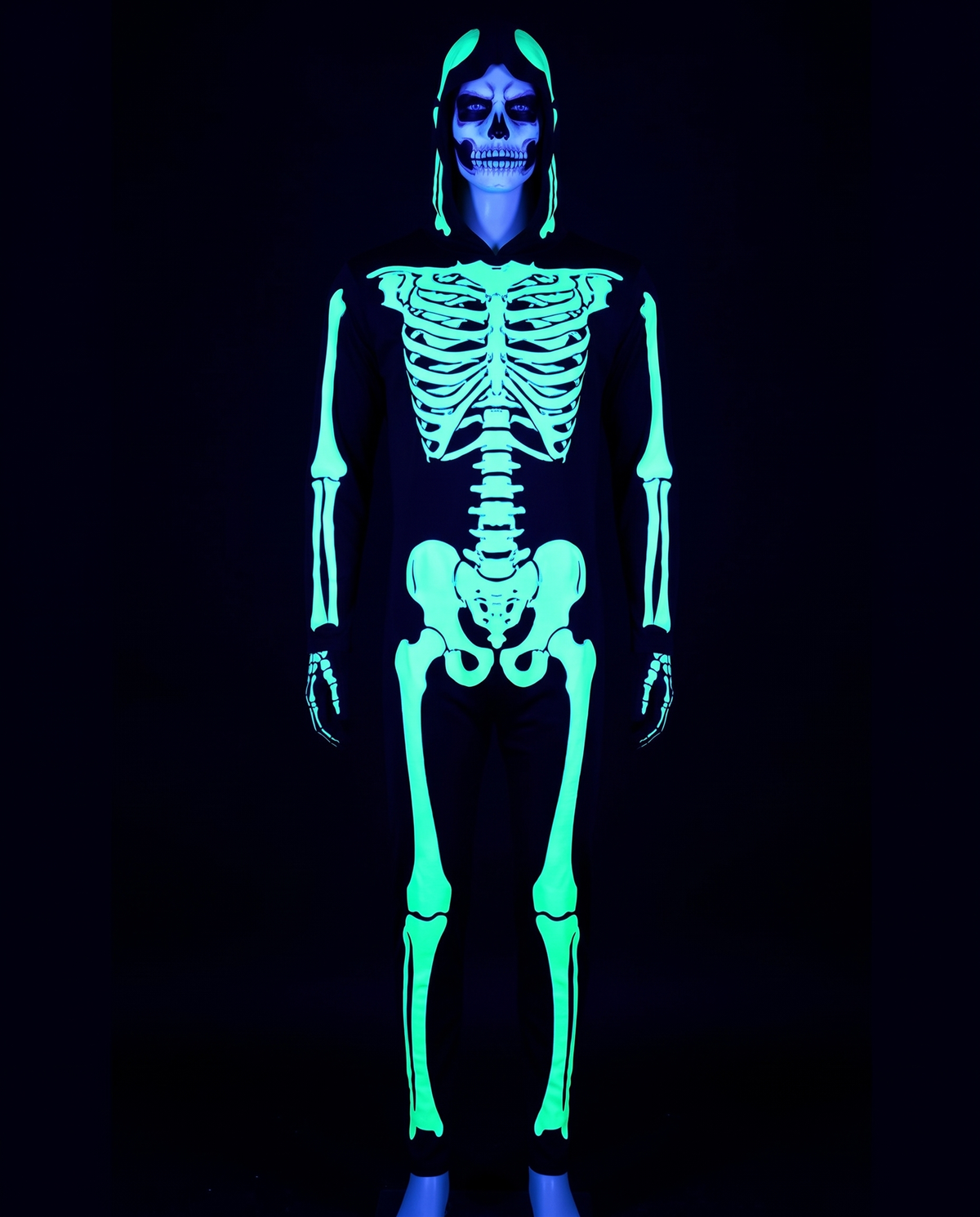 Skeleton print glowing under UV light