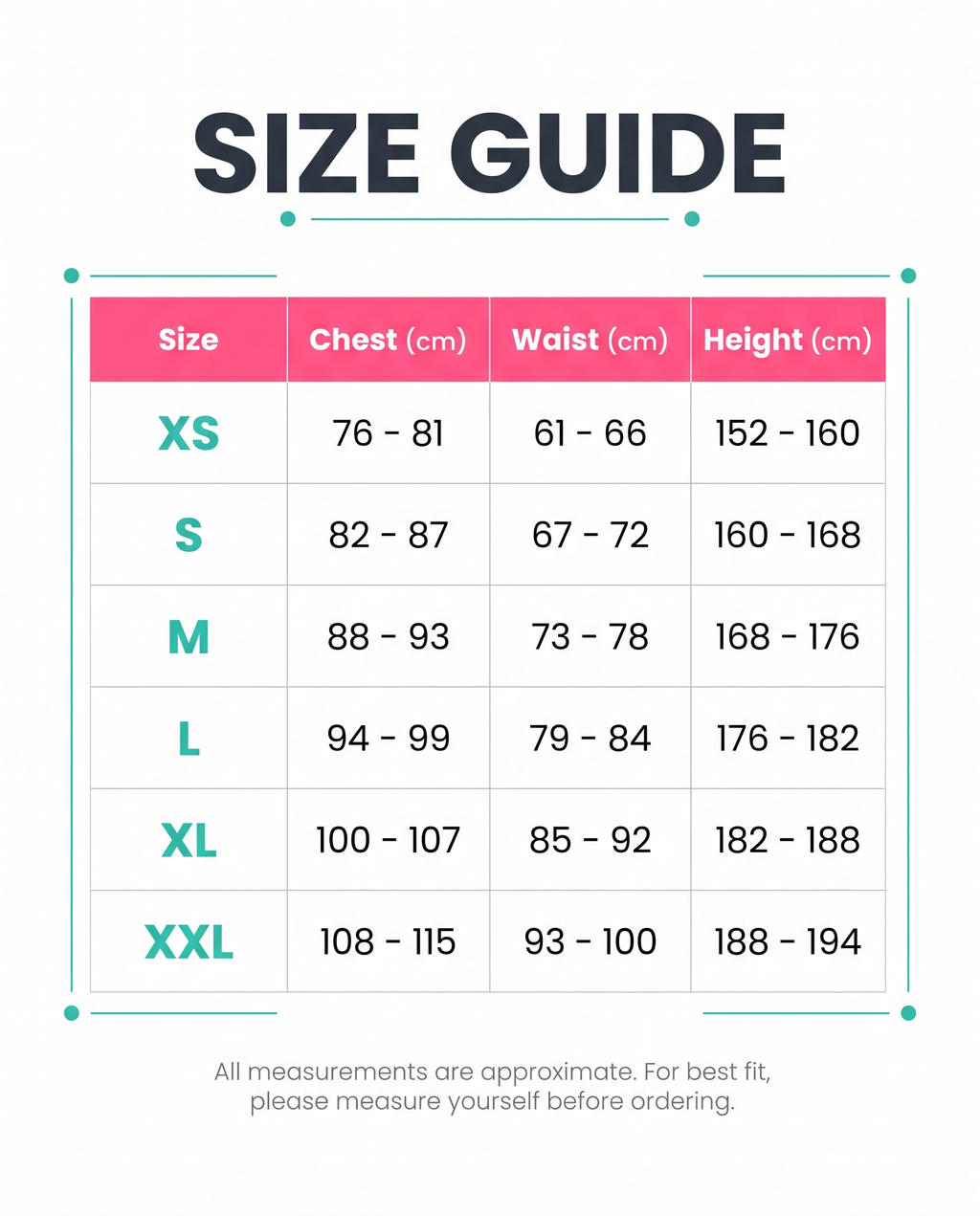 Size guide XS to XXL