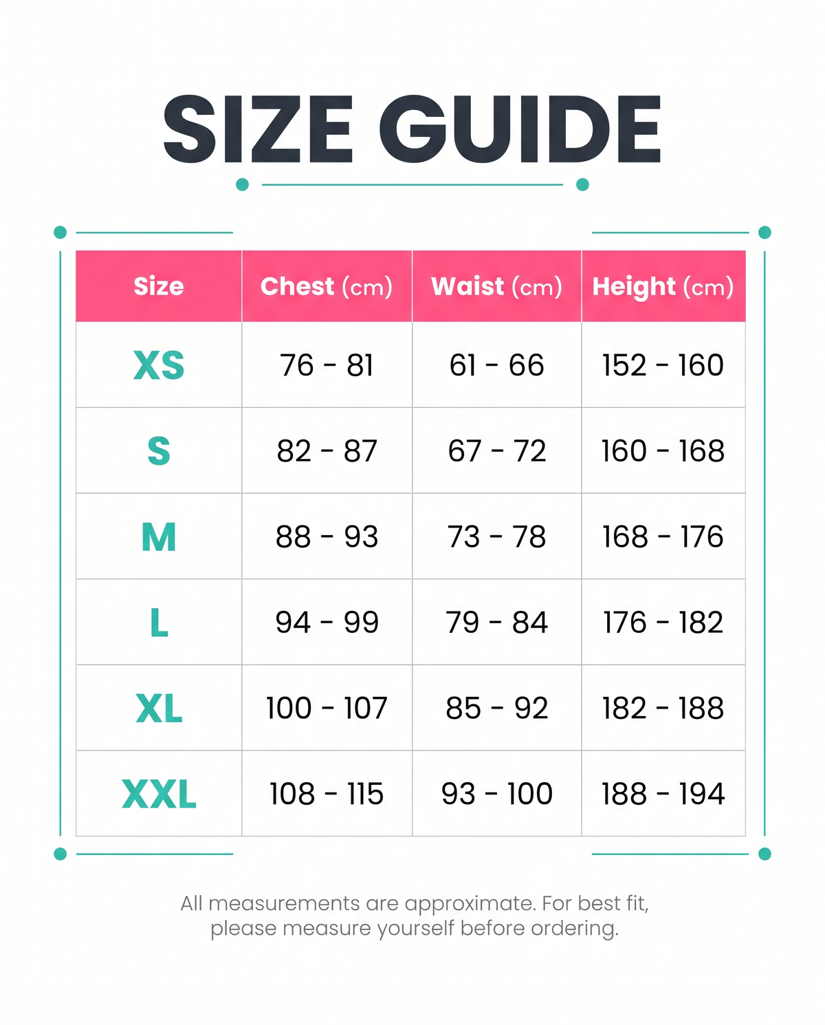 Size guide XS to XXL