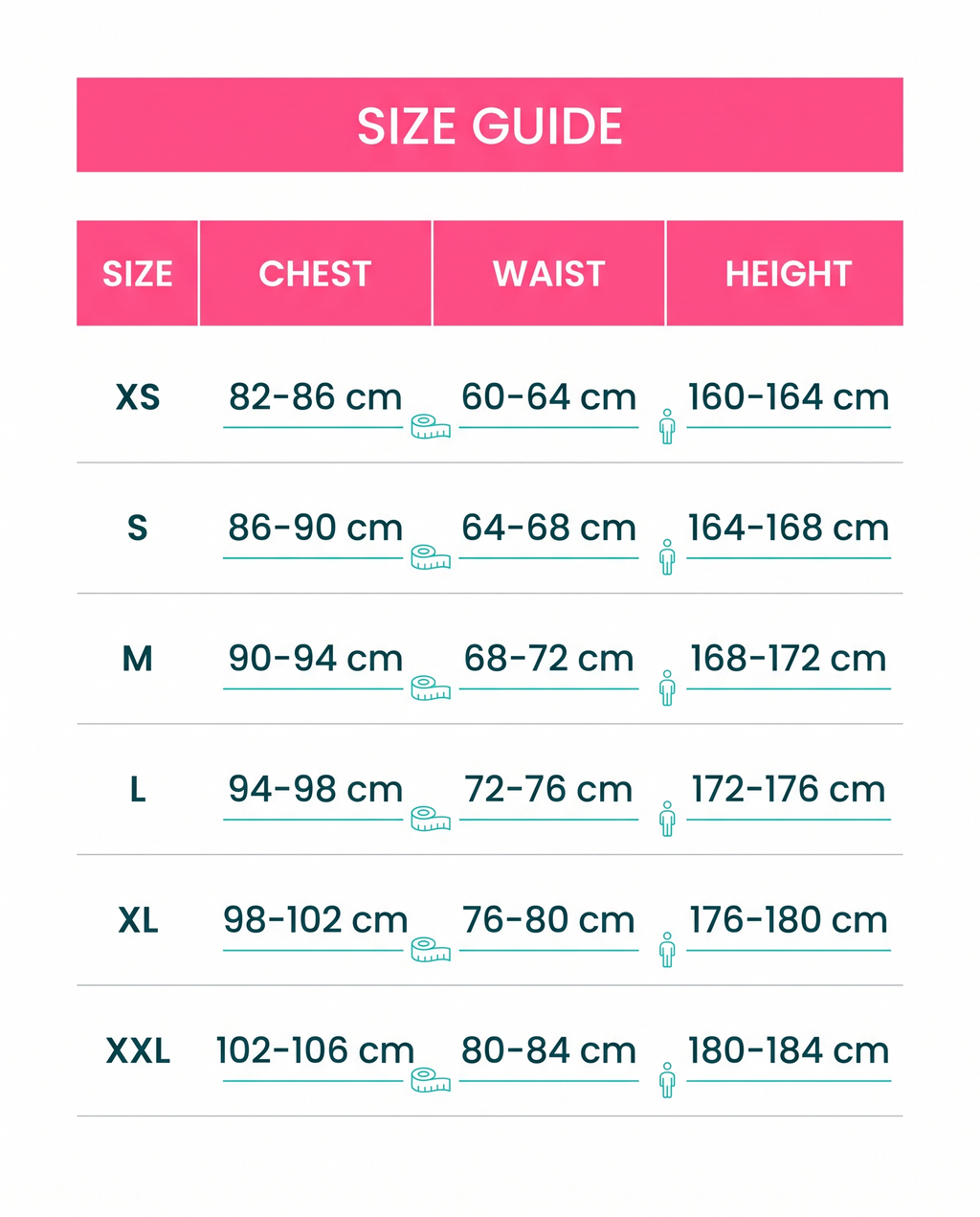 Size guide XS to XXL