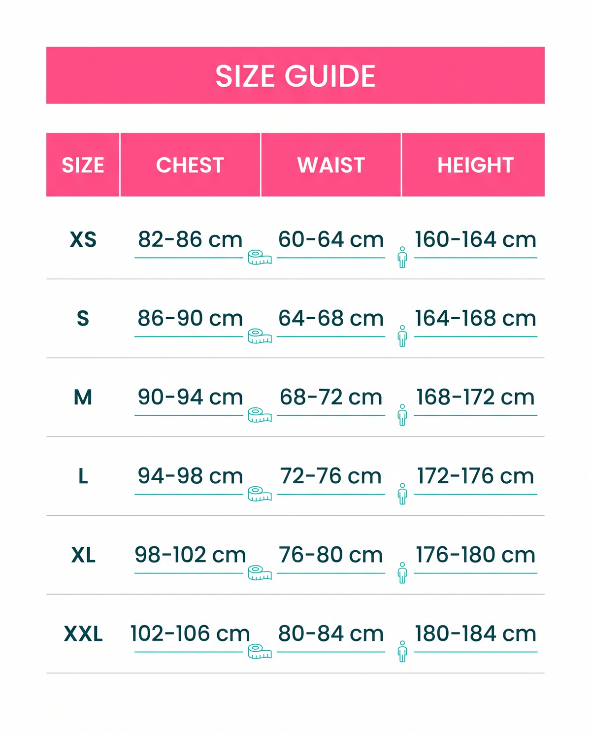 Size guide XS to XXL