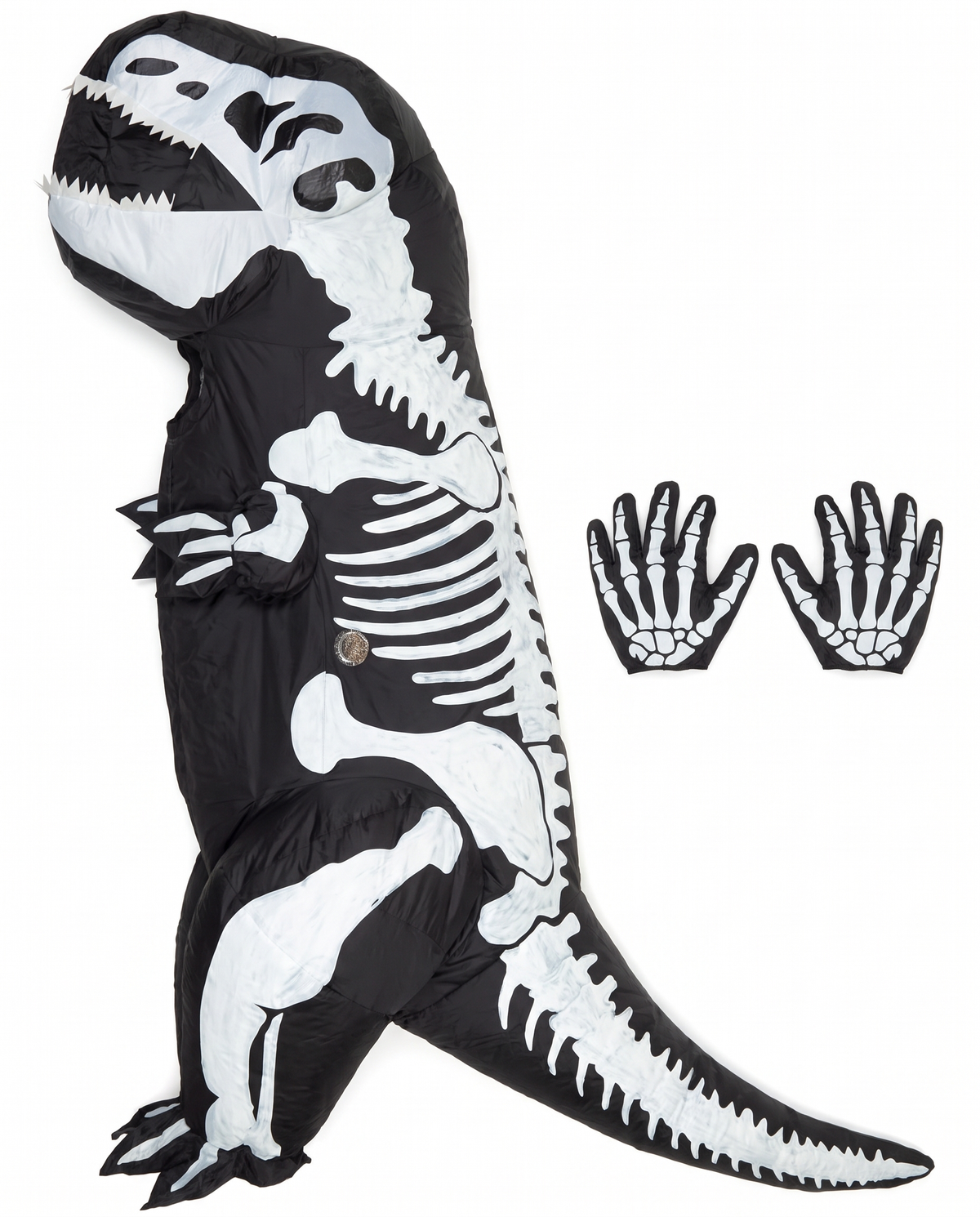 Inflatable T-rex suit and skeleton claw gloves