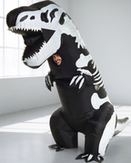 Person wearing giant inflatable skeleton T-rex costume