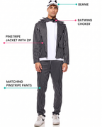 Feature callouts for pinstripe suit costume