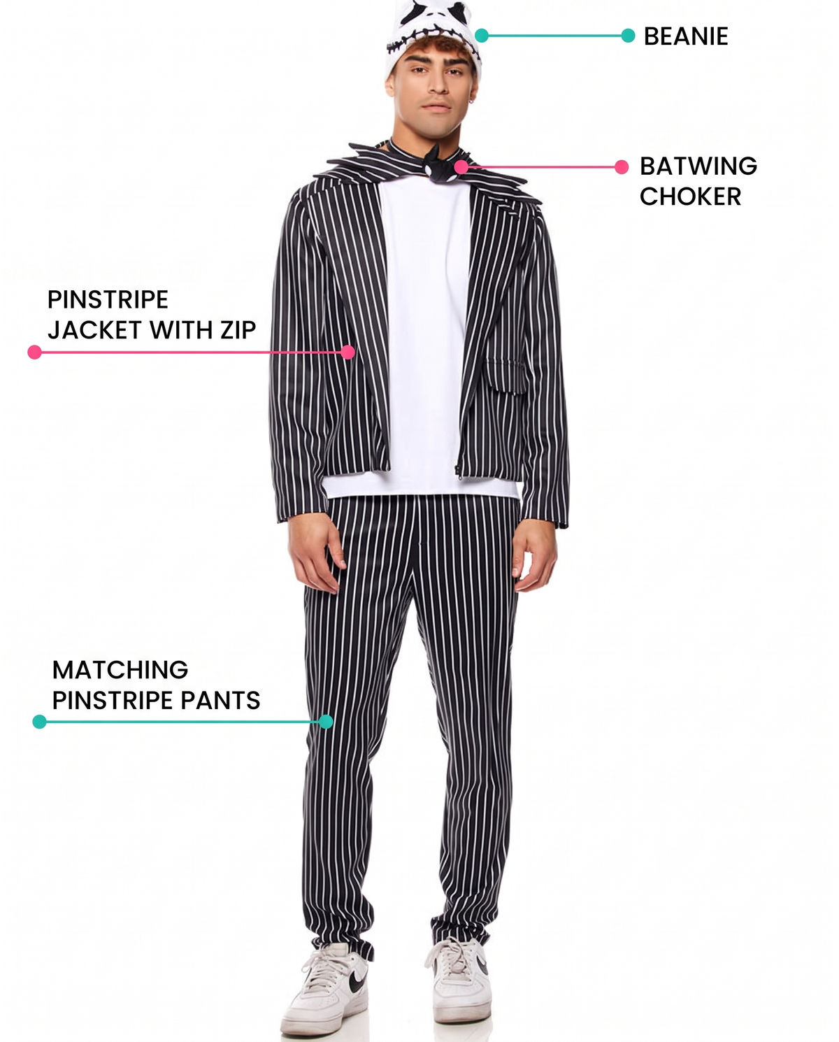 Feature callouts for pinstripe suit costume