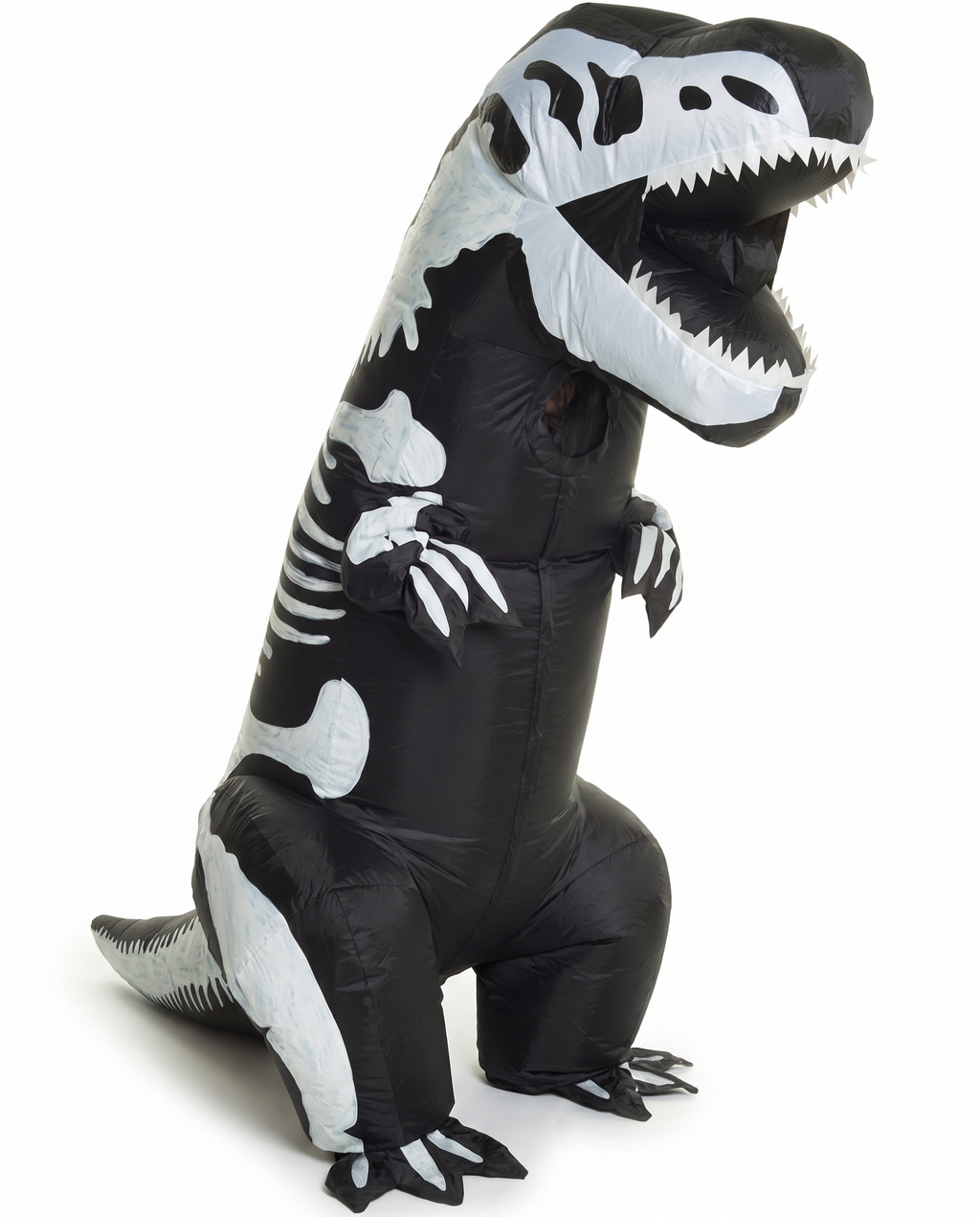 Inflatable skeleton T-rex costume on white background