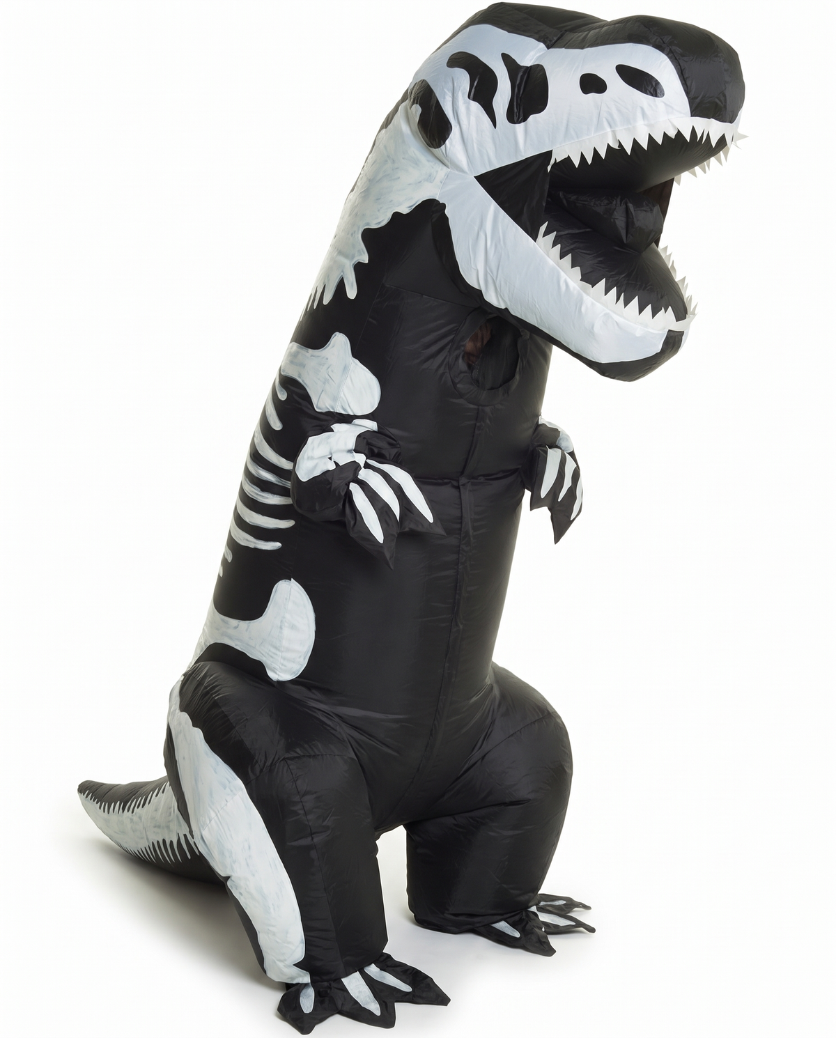 Inflatable skeleton T-rex costume on white background