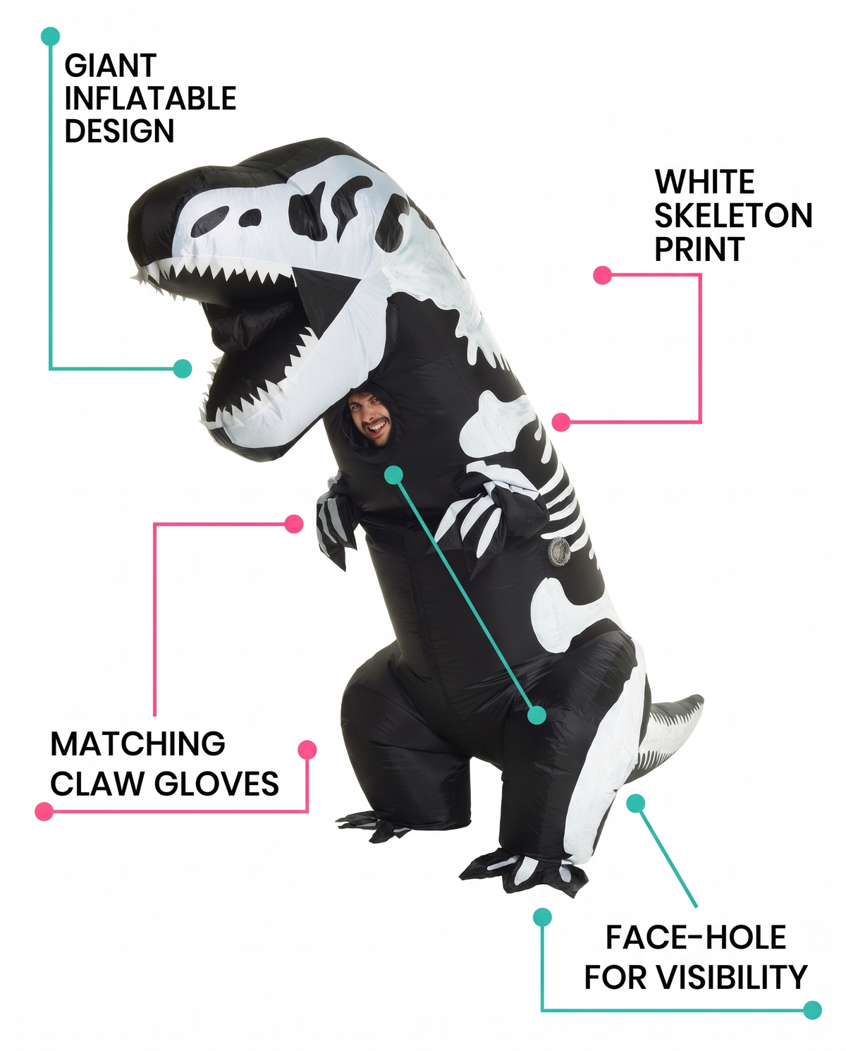 Feature callouts for inflatable T-rex costume