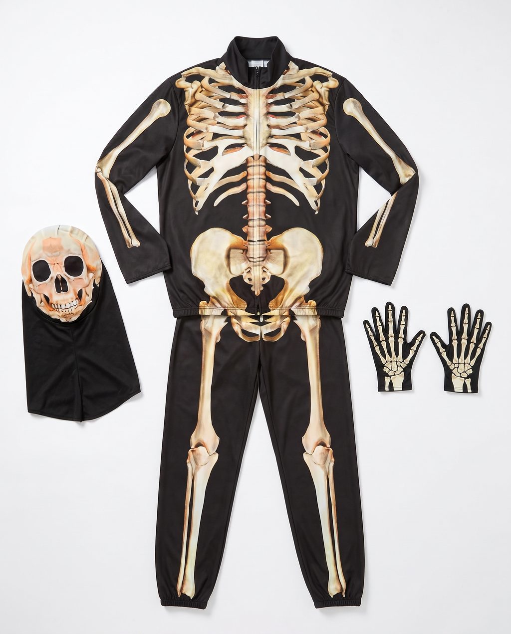 What's included flat lay of skeleton costume pieces